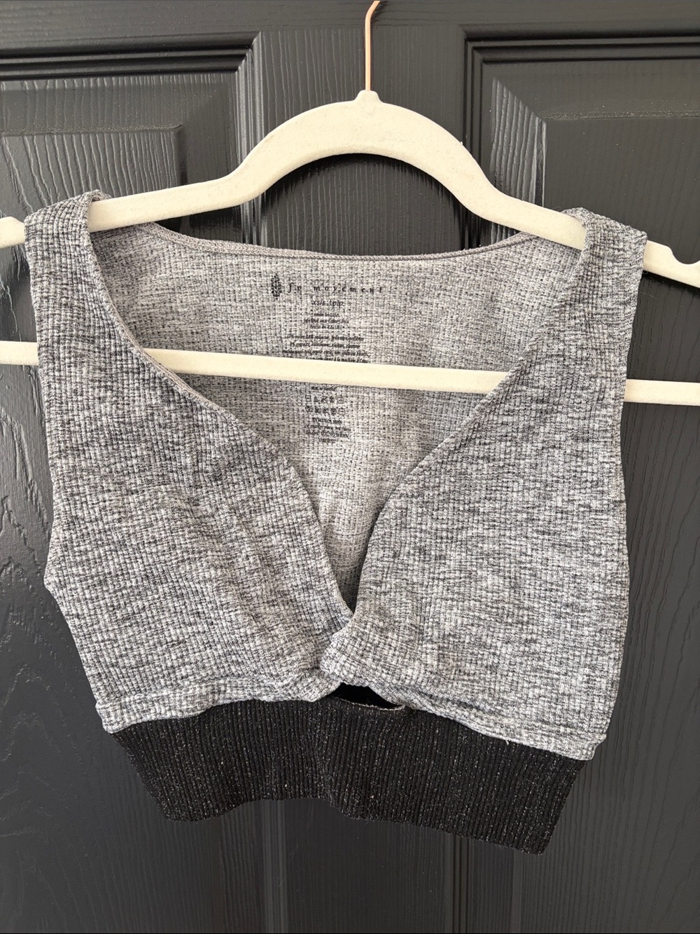 FP Movement by Free People Grey Knit Twist-Front Crop Top with Black Hem